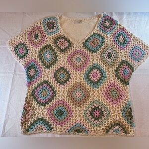 Cozy Grandma Core Knitted Sweater Top Pastel Diamonds